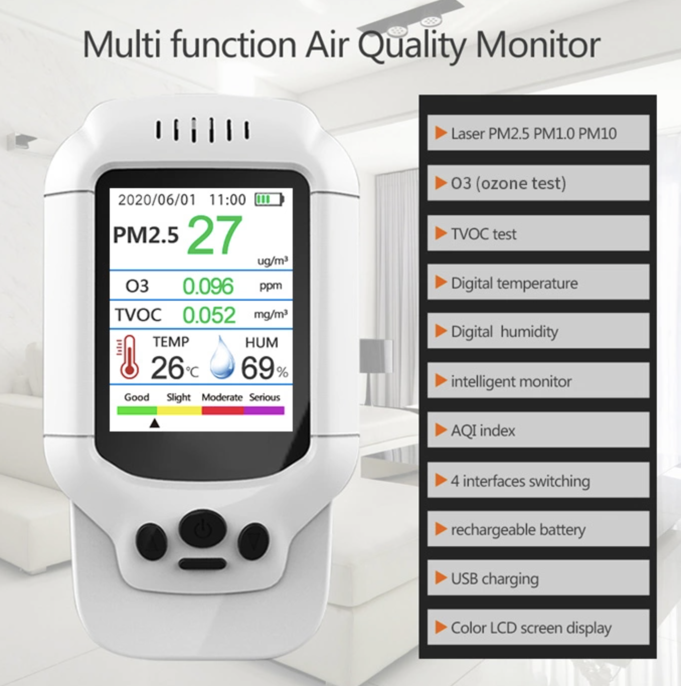 S SMAUTOP Monitor de Calidad del Aire portátil Tvoc Pm2.5 / Pm10 con Datos en Tiempo Real Detector de Gas de Aire Multifuncional Profesional de Alta precisión para formaldehído Co2 Hcho 